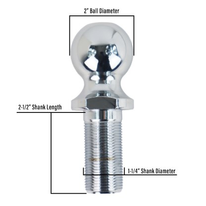 Shocker 2″ Hitch Ball w/ 1-1/4″ Diameter Shank - Dimensions