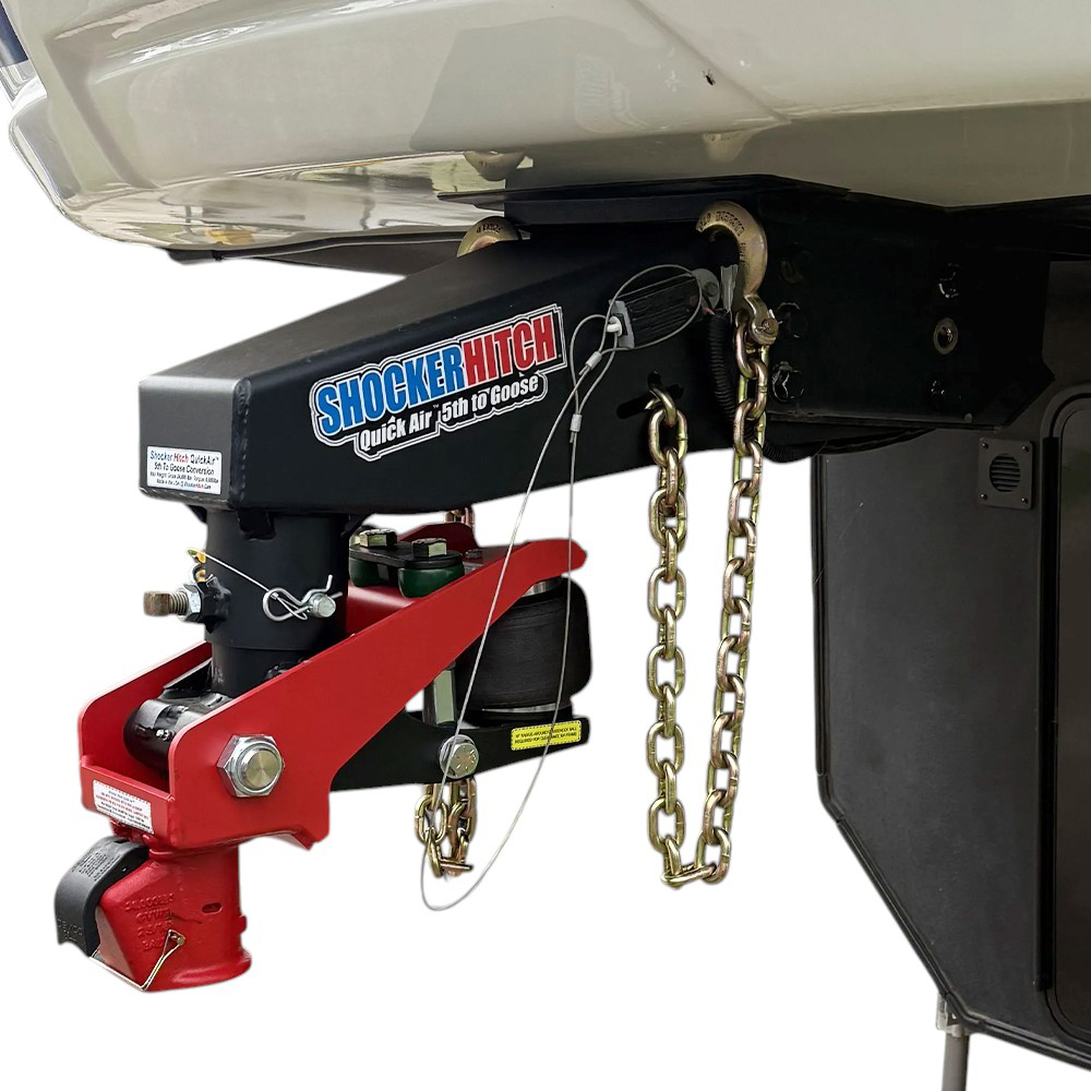 Shocker Quick Air 5th Wheel to Gooseneck with Demco Coupler Kit - Installed w/ Chains on Camper