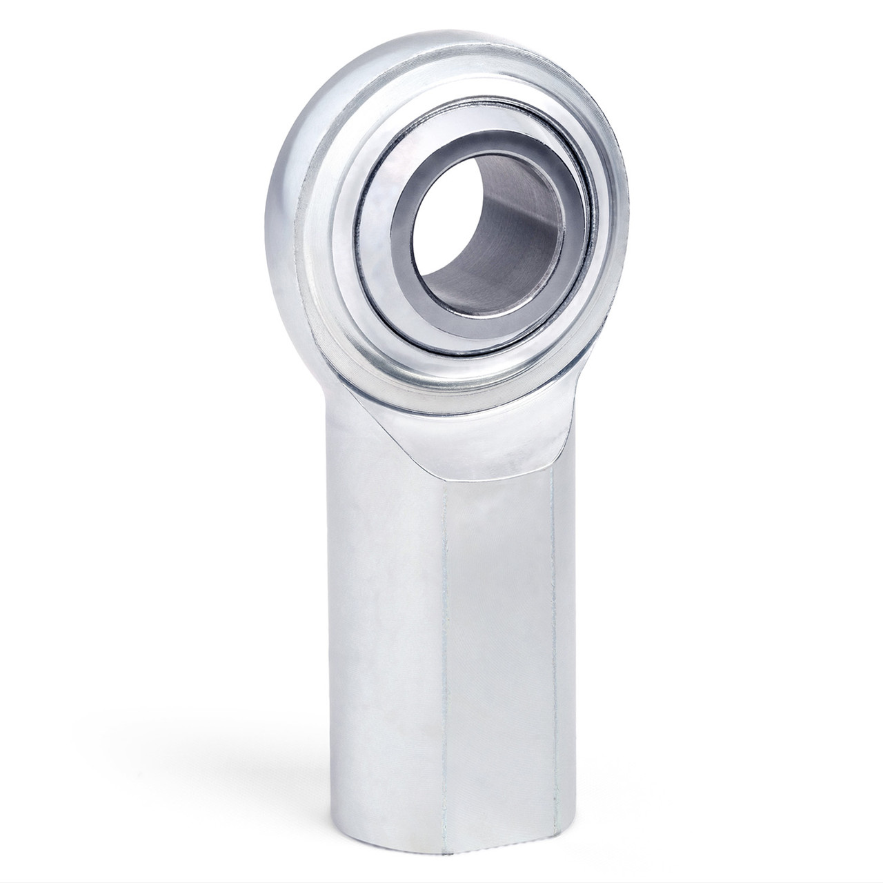 Metal rod end bearing with a circular bore and polished chrome finish on a white background (informative)