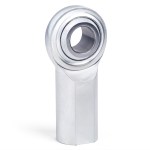 Metal rod end bearing with a circular bore and polished chrome finish on a white background (informative)