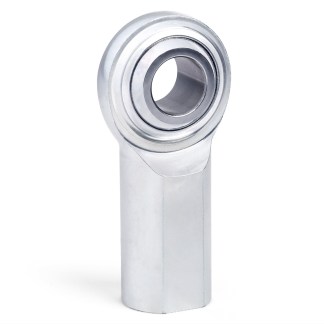 Metal rod end bearing with a circular bore and polished chrome finish on a white background (informative)