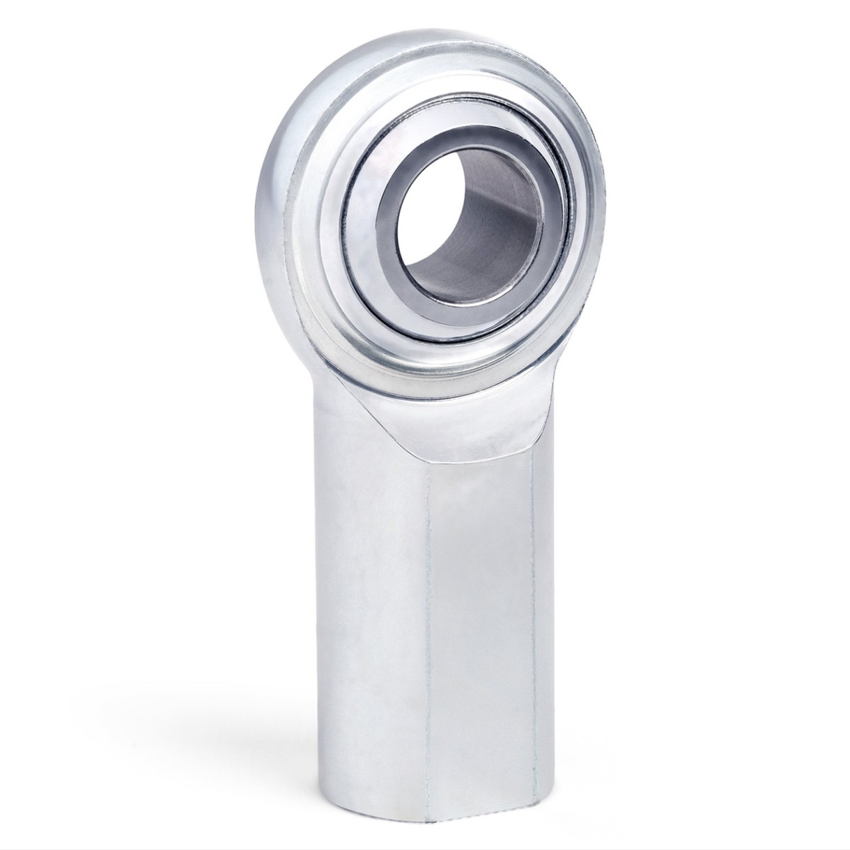 Metal rod end bearing with a circular bore and polished chrome finish on a white background (informative)