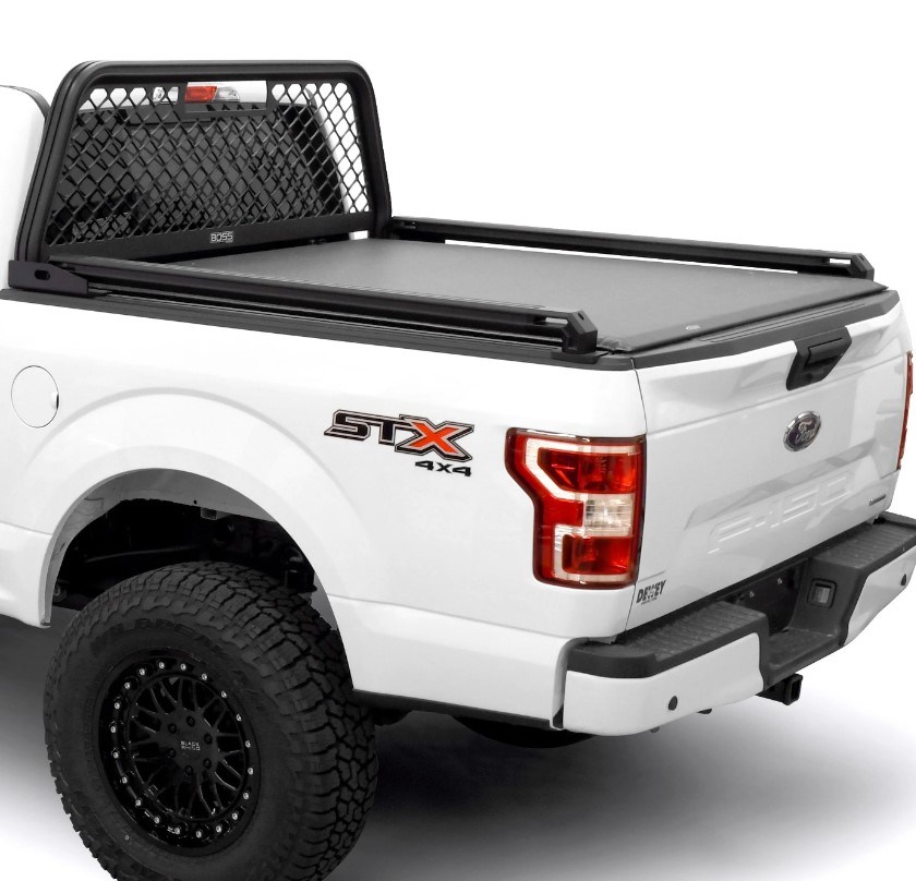 Roll Up Truck Bed Cover shown with Headache rack and bed rails