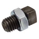 Metal bolt with a hexagonal head and attached flange washer, showing threaded portion.