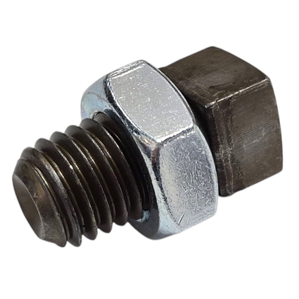 Metal bolt with a hexagonal head and attached flange washer, showing threaded portion.