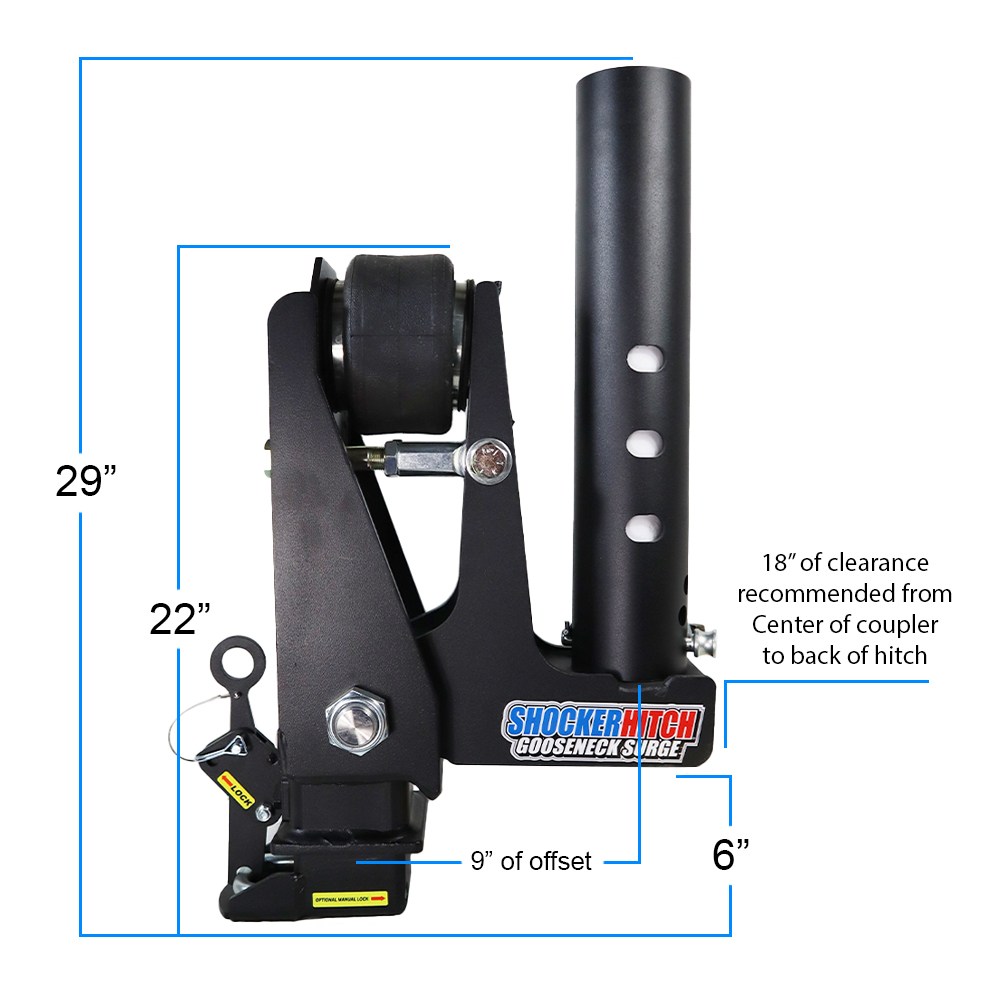Shocker Gooseneck Air Hitch 9" Offset Shift Lock Coupler Diagram - Dimensions