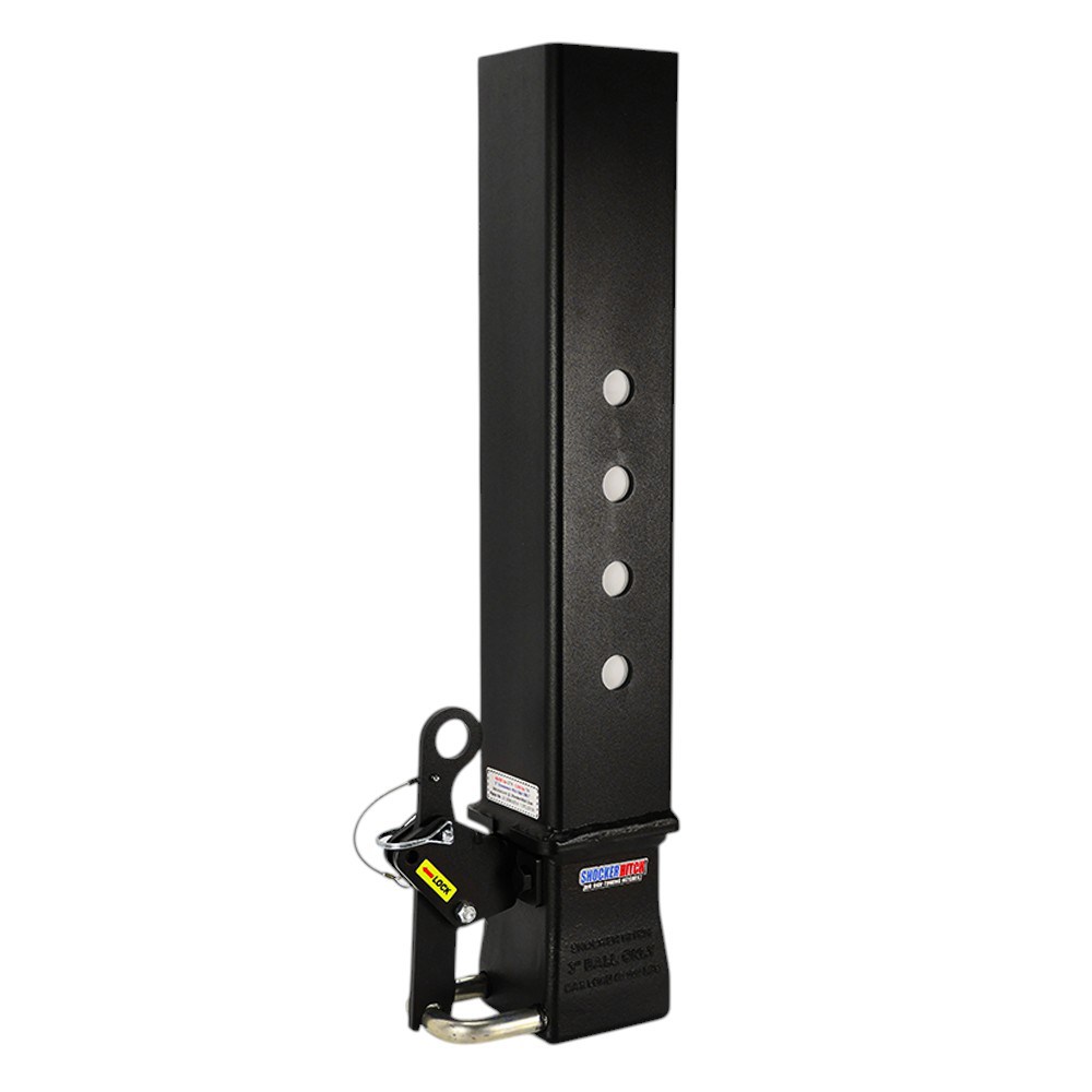 Black trailer hitch lock with a tall steel post and locking pin at the base, shown mounted on a hitch receiver.