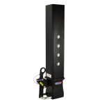 Black trailer hitch lock with a tall steel post and locking pin at the base, shown mounted on a hitch receiver.