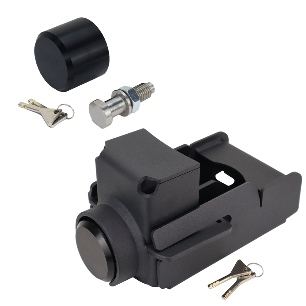 Black push-button switch with mounting bracket and round button, plus metal mounting bolt, cap, and two keys showing external components.