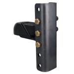 Black lever-style latch attached to a vertical metal strike plate with three mounting bolts.