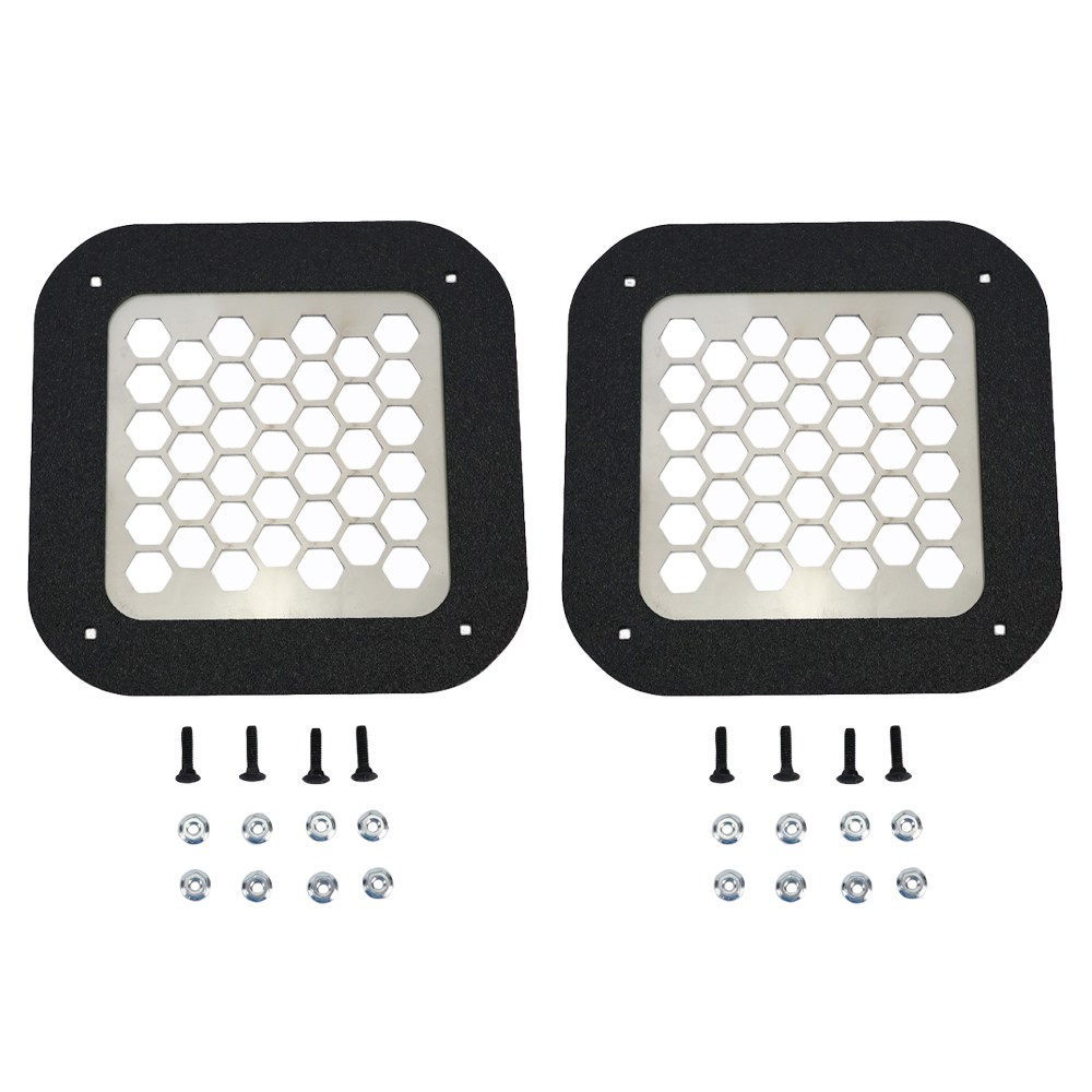 Two square black-framed air filters with white hexagonal honeycomb mesh and hardware (screws and washers) laid out below each filter on a white background.