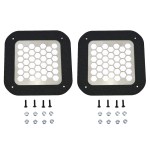 Two square black-framed air filters with white hexagonal honeycomb mesh and hardware (screws and washers) laid out below each filter on a white background.