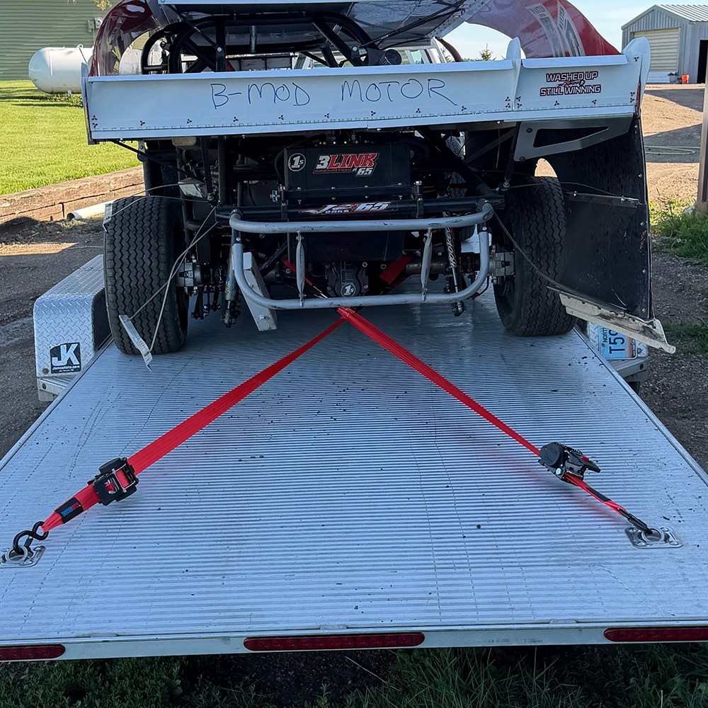 Retractable 2" Ratchet Straps - In Use - On Racecar