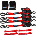 Four red Shocker retractable ratchet straps with black S-hooks, soft loops and storage bags on a white background